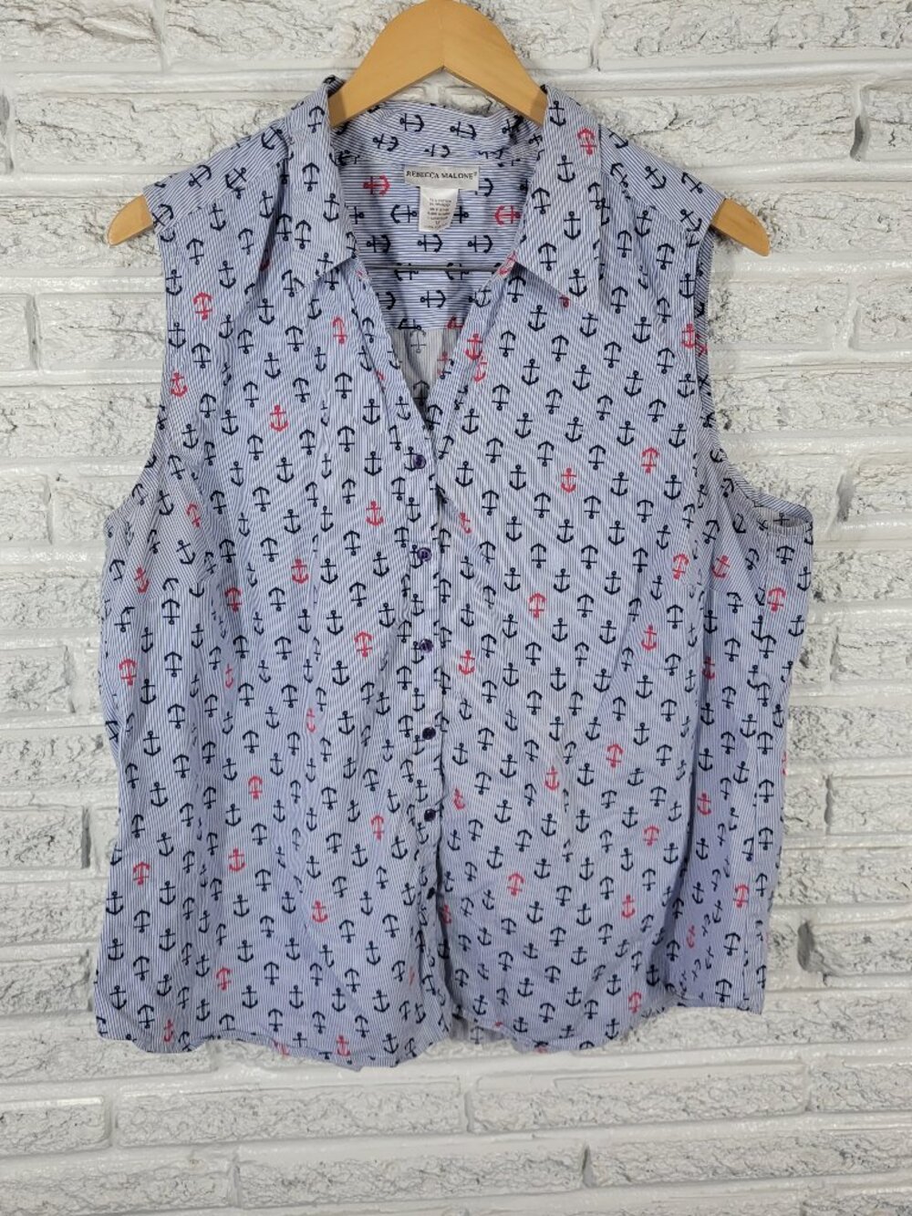 Rebecca Malone Women 1X Top Blue Striped‎ Anchor Nautical Sleeveless A8E